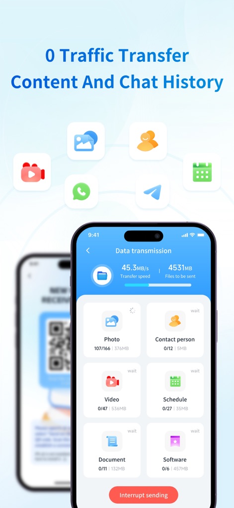 Smart Switch - Copy My Data - See how the app facilitates a "0 Traffic Transfer" of content and displays a clear "Data transmission" overview, listing specific categories like photos and contacts.