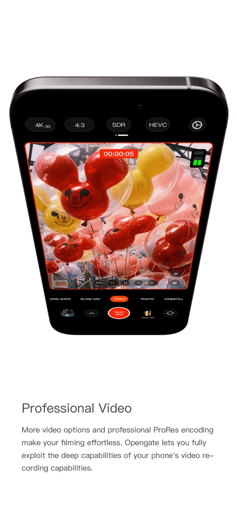 FotorGear - Camera in Pocket - 本アプリは、「4K 30」fpsなどの多様な解像度設定と、Logカラーモードによる広範な編集オプションを提供し、ユーザーはプロレベルの映像制作を行えます。