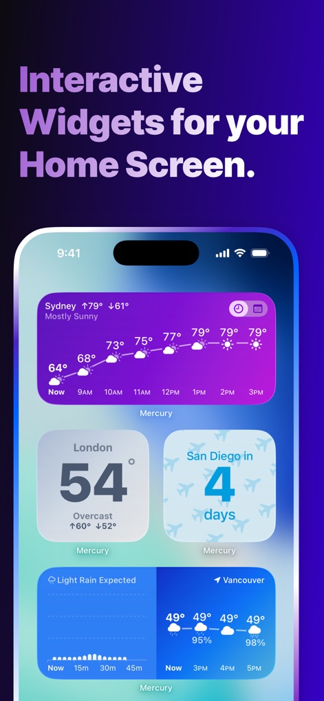 Mercury Weather - Explore a gallery of interactive widgets, from the detailed hourly forecast bar to the hyper-local rain prediction chart, enhancing home screen utility.