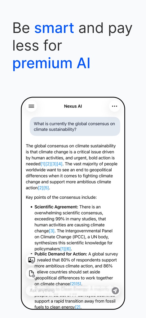 Nexus AI Chat Assistant - Esta captura de tela exibe a capacidade do aplicativo de fornecer respostas detalhadas e fundamentadas, como demonstrado na explicação de sustentabilidade climática com suas referências numeradas, e apresenta um campo de entrada de texto para interações futuras.