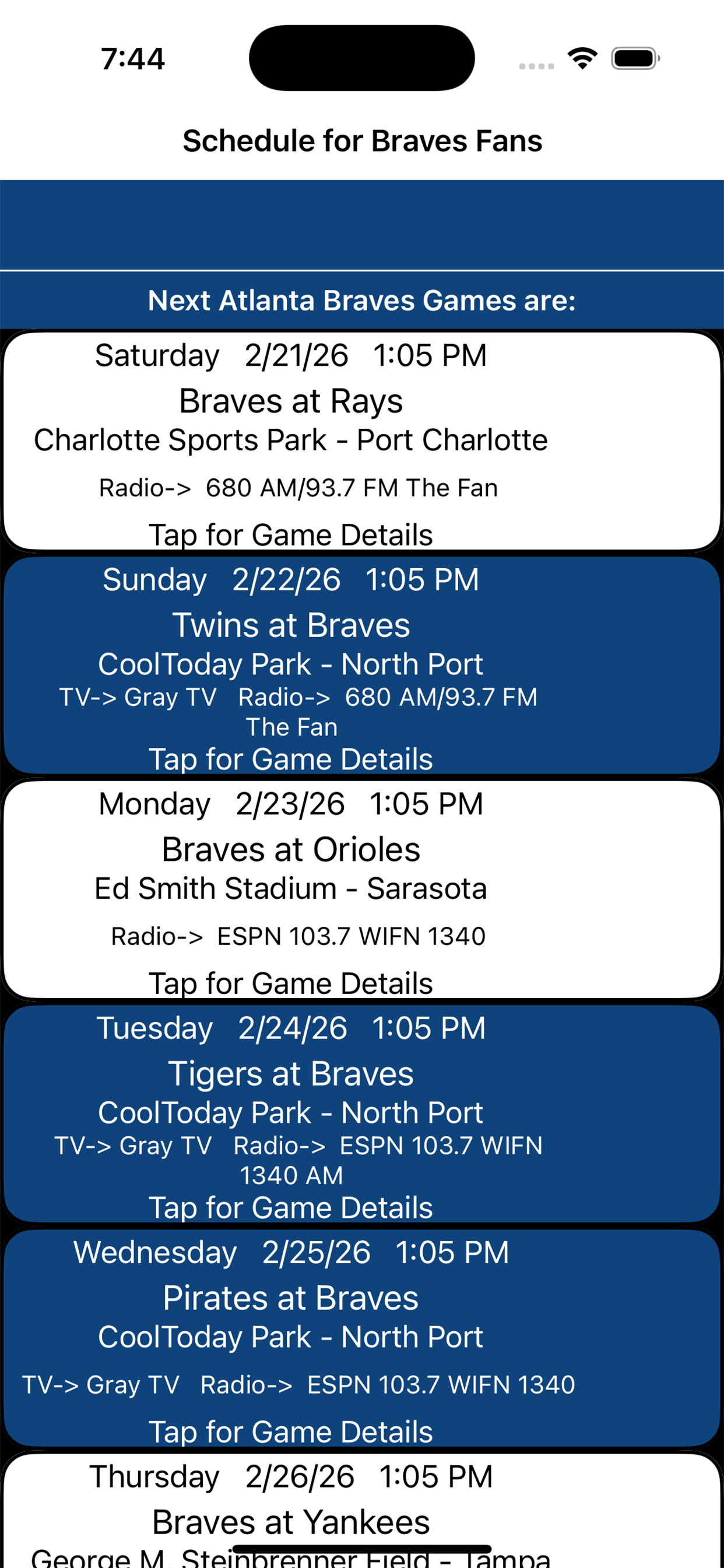 Schedule for Braves fans