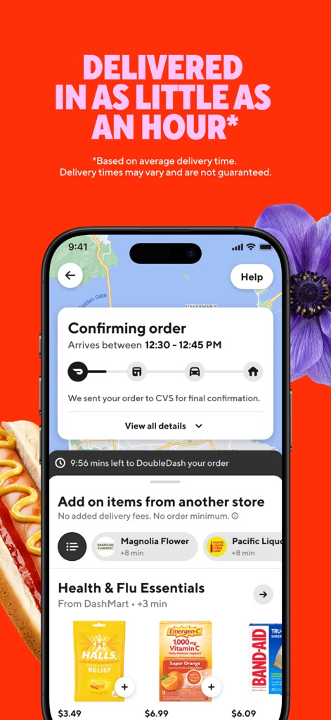DoorDash: Food, Grocery, More - The app provides clear order confirmation with precise estimated arrival times and the convenient option to add health and flu essentials from nearby stores.