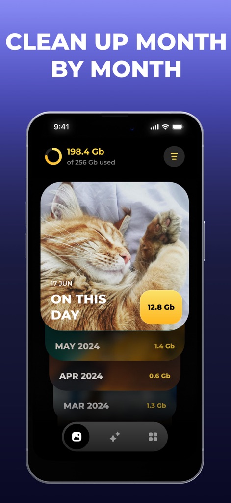 Hyper Cleaner: Clean Up Photos - The app allows for comprehensive gallery management, showcasing an "On This Day" summary of 12.8 Gb and a clear breakdown of storage usage "Month by Month".