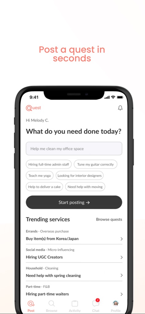 Quest - Hire a Hero - A interface permite aos usuários postar tarefas rapidamente, exibindo uma barra de pesquisa intuitiva para "What do you need done today?" e botões com sugestões de tarefas populares.