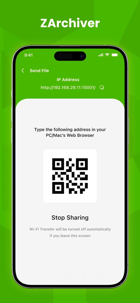 ZArchiver - This tool offers a secure file sharing method, displaying both an IP address for direct browser access and a scannable QR code for convenient transfers.