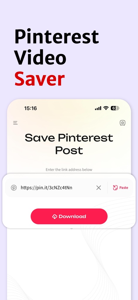 PinSaver :  Video Saver - See how the app simplifies saving with a direct link input field and a prominent 'Download' button for quick access.