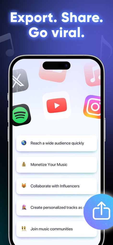 AI Music - Generator - Discover the app's powerful sharing capabilities, enabling users to export their tracks to platforms like Spotify and explore options to 'Monetize Your Music'.