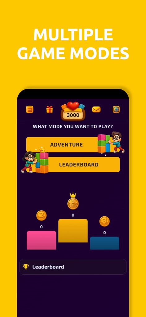 Block Legends Puzzle - Explorez les différents modes de jeu disponibles, comme le mode Aventure et le Classement, tout en suivant votre progression grâce à l'affichage des icônes de récompenses et du score.