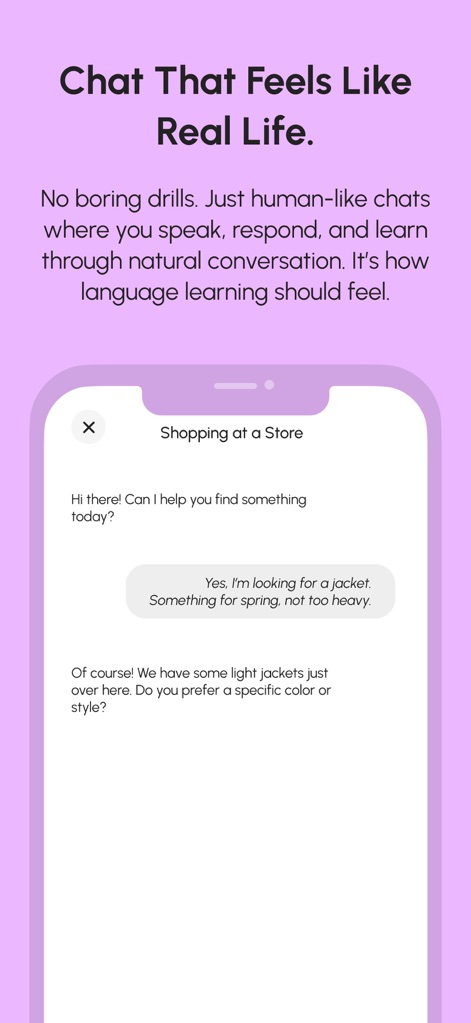 LingoChatAI: Speak Confidently - La interfaz de chat permite interacciones naturales, como se ve en el escenario "Shopping at a Store". Los usuarios pueden responder a preguntas como "Can I help you find something today?" con fluidez.