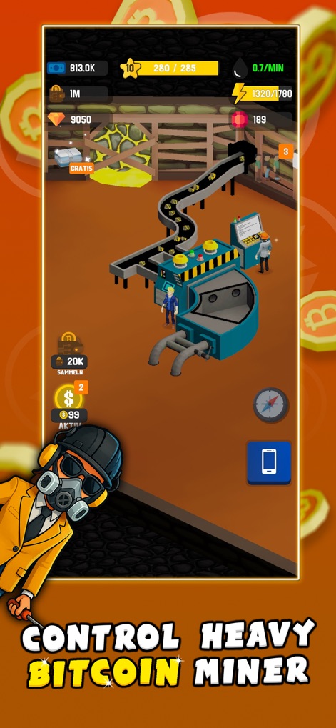 Bitcoin Miner Bro - Tycoon - The app displays large-scale automated machines and conveyor belts actively processing digital currency.
