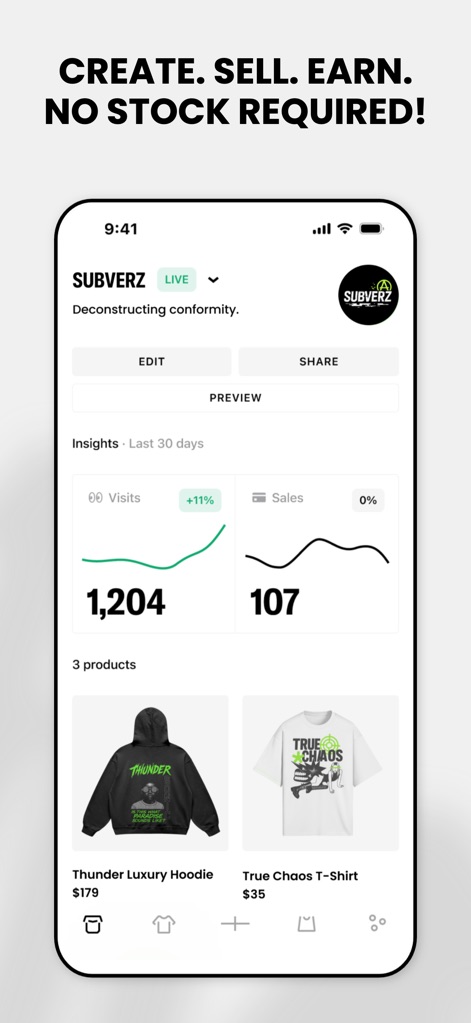 FLYP - Fashion Design Studio - The app provides a comprehensive analytics dashboard, allowing users to monitor key metrics like 'Visits' and 'Sales' and effectively manage their product listings.