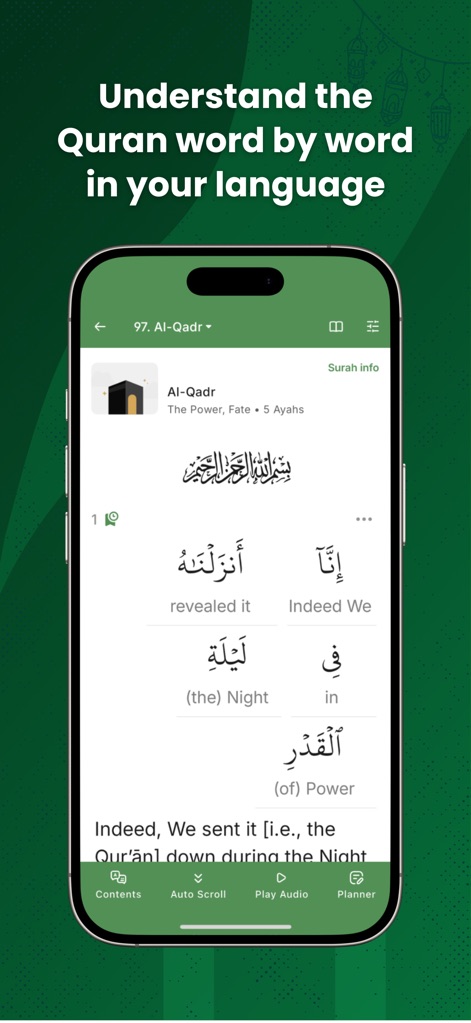 Al Quran (Tafsir & by Word) - Discover how the app meticulously displays the Arabic Quranic text with direct word-by-word translations for enhanced linguistic comprehension.