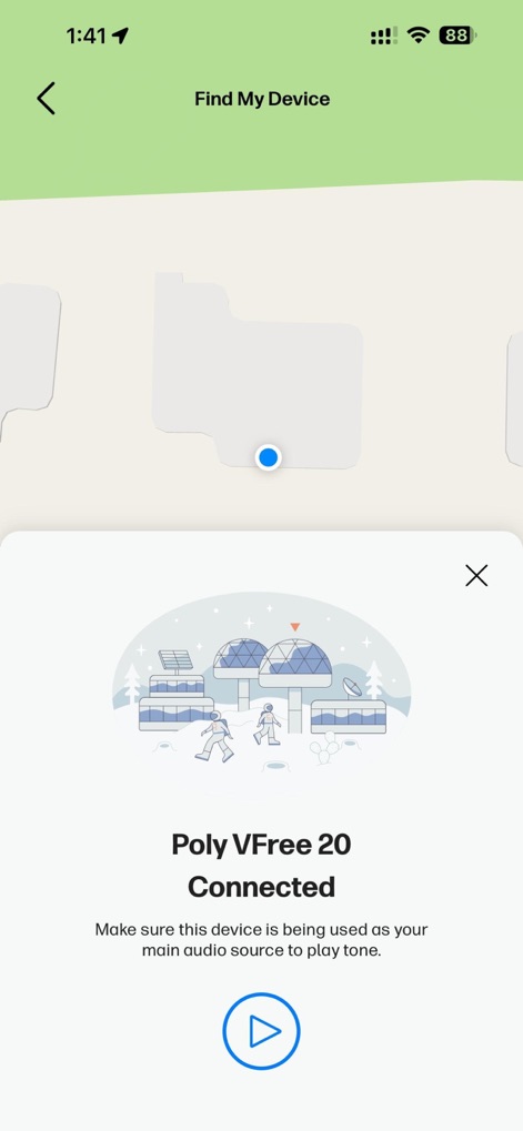 HP Poly Studio Mobile - La función 'Find My Device' ayuda a localizar dispositivos perdidos, mostrando una interfaz de mapa simplificada y ofreciendo la opción de reproducir un tono para identificar su ubicación.