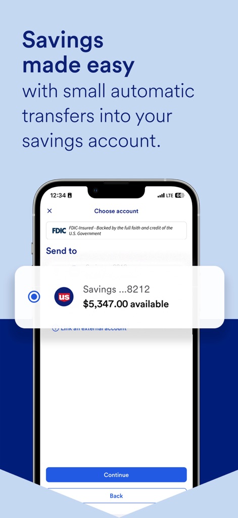 U.S. Bank Mobile Banking - This interface showcases a clear account selection mechanism for initiating transfers and prominently displays the available balance of the target savings account for effortless money management.