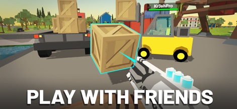 Simple Sandbox 2 - This scene highlights multiplayer interaction, showing players moving a wooden crate with precision tools near a yellow forklift.