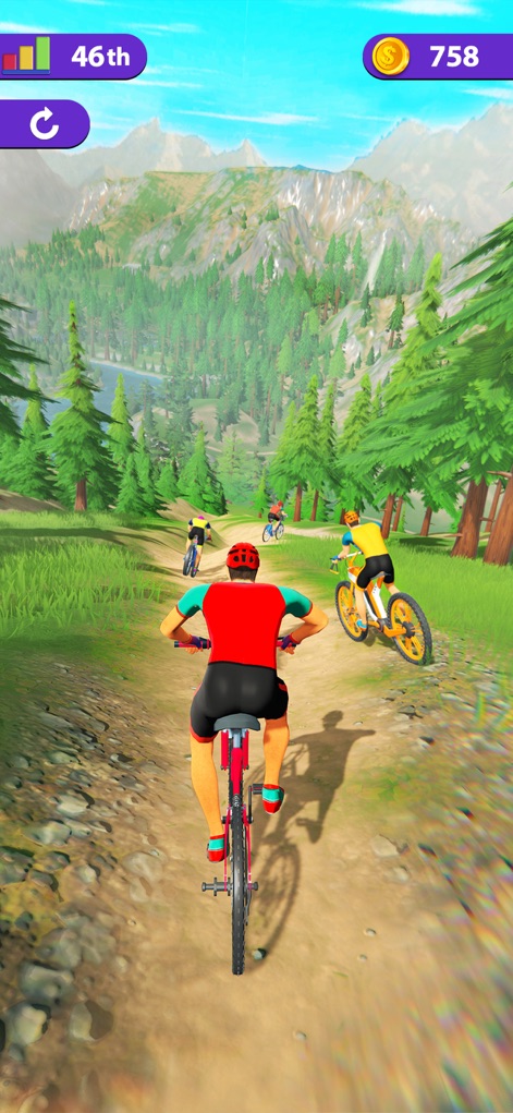 BMX Bike Rider - Bicycle Games - Observe la carrera desde la perspectiva de un ciclista mientras la aplicación muestra un sendero sinuoso a través de un denso bosque y un impresionante telón de fondo montañoso.