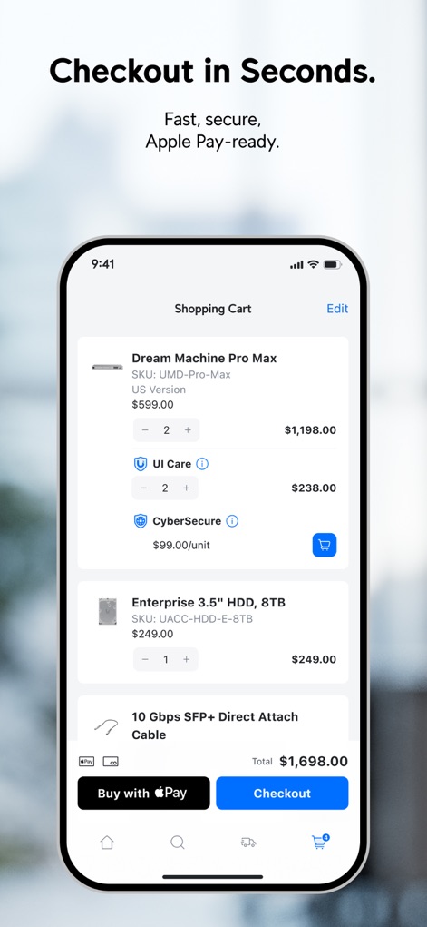 UniFi Store - This feature allows users to easily adjust product quantities within their 'Shopping Cart' and offers rapid, secure 'Apple Pay' integration for payment.