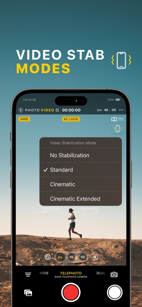 xZoom Cam - PRO Camera - This screen details the app's sophisticated "VIDEO STAB MODES," offering choices like "Cinematic" and "Cinematic Extended" to ensure remarkably smooth and stable video capture.