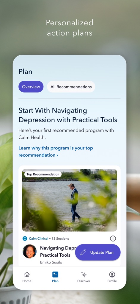 Calm Health - This tool offers individualized program recommendations, such as "Navigating Depression with Practical Tools," complemented by an "Update Plan" button for flexible progress management.