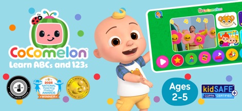 CoComelon: Learn ABCs and 123s - The app offers a vibrant CoComelon branding and proudly displays its "KidSAFE COPPA CERTIFIED" badge, ensuring a secure environment.
