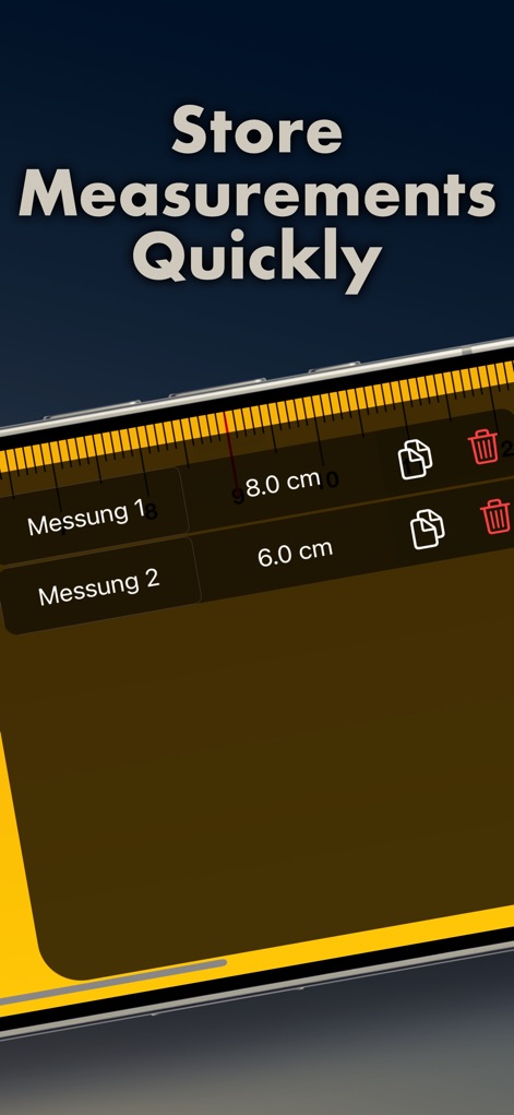 Ruler, Measuring Tape - AR App - 사용자는 저장된 8.0 cm 및 6.0 cm 측정값과 같은 데이터를 쉽게 관리하며, 복사 및 삭제 아이콘을 활용하여 기록을 효율적으로 관리할 수 있습니다.
