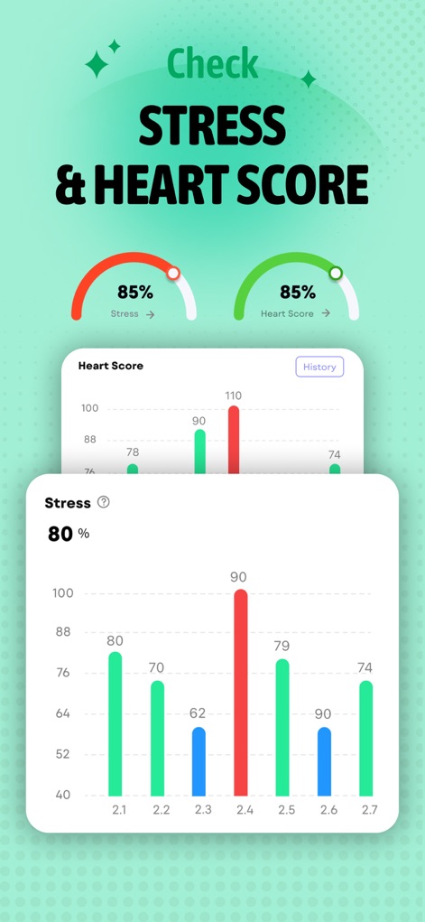 Daily Health-pulse heart track - Dieses Tool bietet eine visuelle Darstellung des Stress- und Herz-Scores durch übersichtliche Messskalen und zeigt detaillierte Verlaufsdaten in Balkendiagrammen an, um Trends zu erkennen.