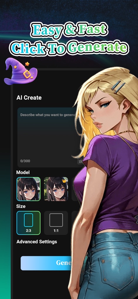 Keily-Create AI Stroy - La interfaz simplificada de la aplicación permite una creación rápida y fácil, donde los usuarios ingresan descripciones de texto detalladas en el campo provisto y ajustan opciones de personalización como el tamaño de la imagen.