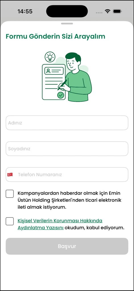Eminevim - This tool streamlines applying for services by providing straightforward input fields for personal information and explicit checkboxes for consent.