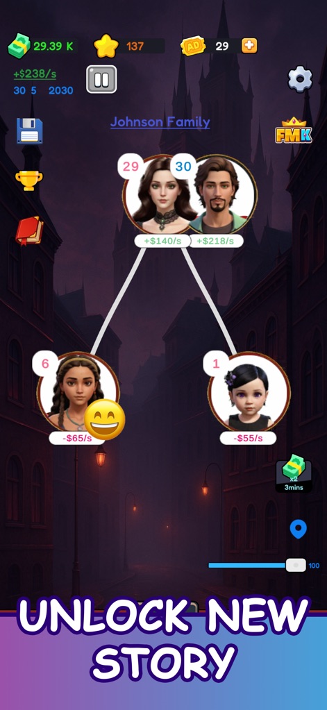 Family Sim: Life Simulator - Witness the generational progression through the family tree, set against a new background, and observe characters' emotional states indicated by emojis as new stories unfold.