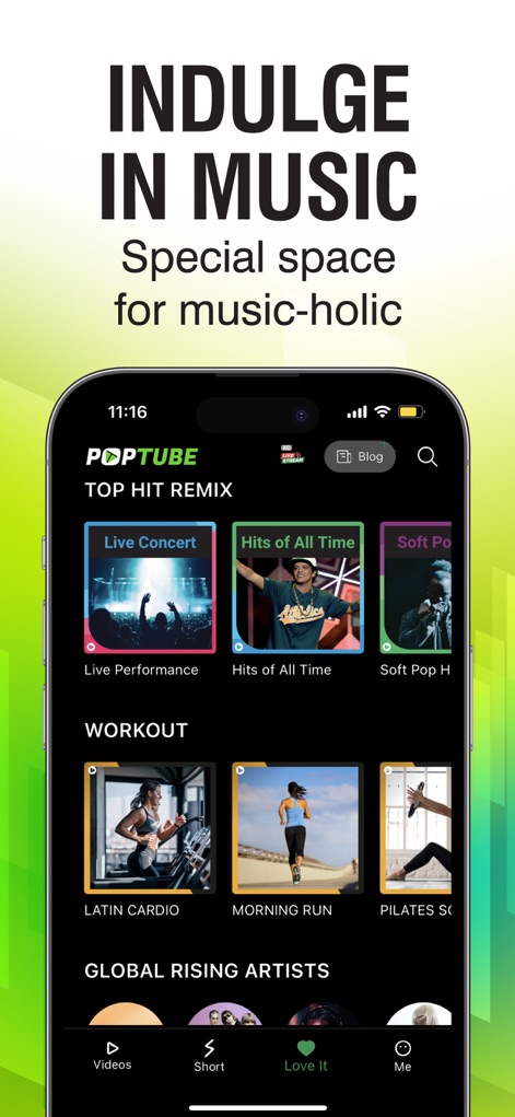 POPTube: Music & Video Podcast - The app showcases diverse music categories and trending global artists, offering users a personalized content feed.