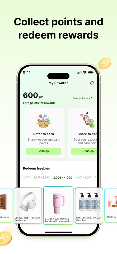 Koupon: Real Deals & Codes - The rewards system allows users to accumulate points by referring friends and sharing experiences, which can then be redeemed for a variety of freebies shown below.
