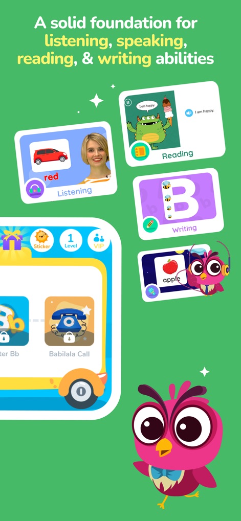Babilala: Tiếng Anh Online - Explore the structured approach to language acquisition, showcasing dedicated activities for 'Listening', 'Reading', and 'Writing' guided by the app's friendly owl character.