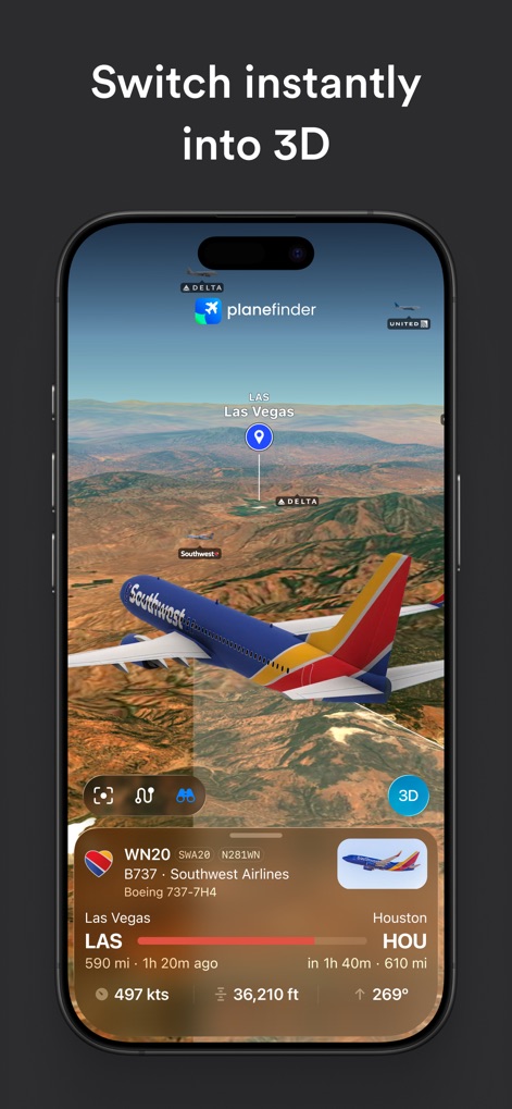 Plane Finder ⁃ Flight Tracker - The app enables an instant switch to an immersive "3D view", providing detailed information on aircraft such as a "Southwest Airlines Boeing 737" during flight.