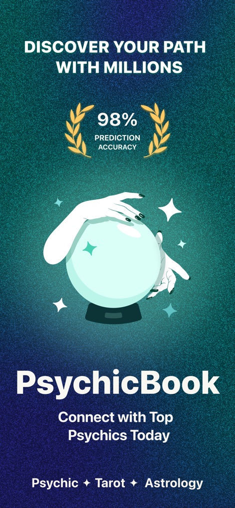PsychicBook - Psychic Reading - Discover the app's commitment to accuracy, highlighted by its stated 98% prediction accuracy, and explore the core spiritual services like Psychic, Tarot, and Astrology.
