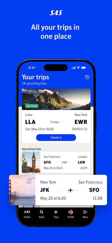 SAS – Scandinavian Airlines - The app provides a comprehensive overview of "Your trips," showcasing both upcoming flights like Lulea to New York and a convenient "Check in" button for immediate action.
