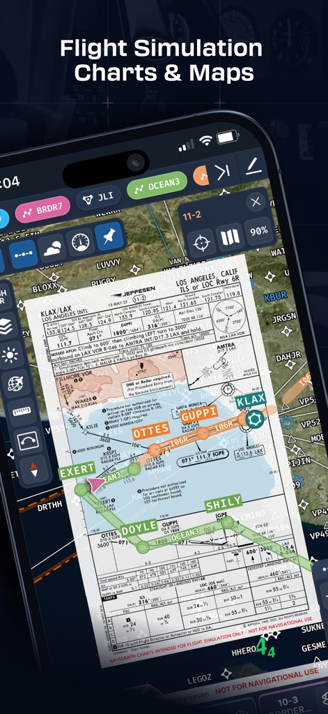 Navigraph Charts - This tool presents high-fidelity Jeppesen charts directly overlaid on a dynamic map, showcasing both detailed approach procedures and precise flight path guidance.