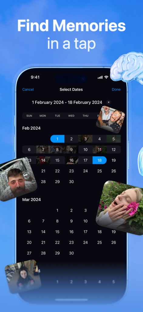 KeepClean AI: Storage Cleaner - The app provides a user-friendly calendar interface to "Select Dates", enabling effortless retrieval of specific memories showcased by the surrounding photo thumbnails.