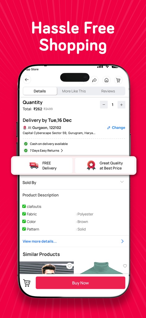 Snapdeal Trendy Budget Fashion - La transparence est assurée par la disponibilité des informations de livraison, y compris le "Cash on Delivery", et une politique de "7 Days Easy Returns" qui garantit la satisfaction des clients.