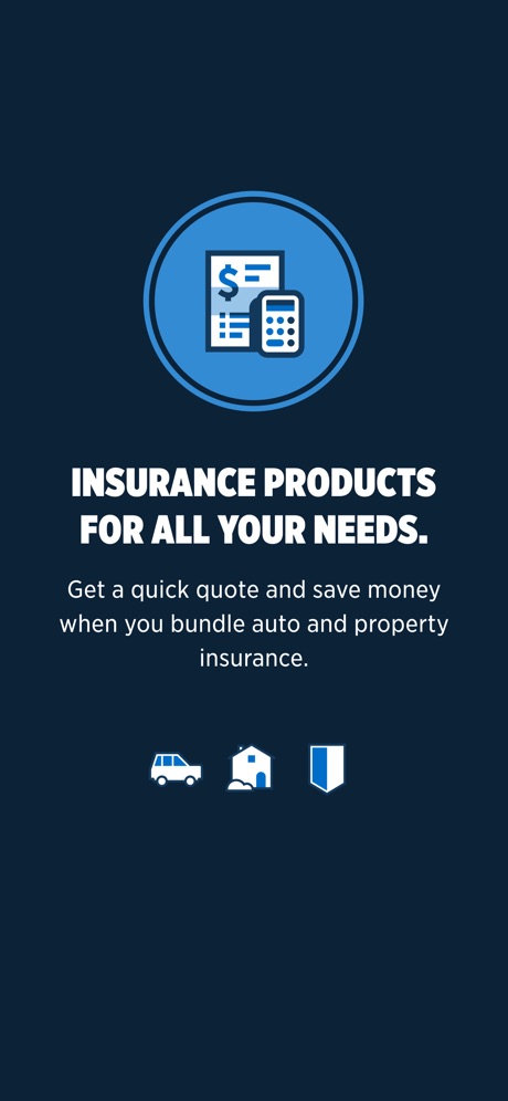 USAA Mobile App Store screenshot 5, headline “INSURANCE PRODUCTS FOR ALL YOUR NEEDS.”. Words over the screen.