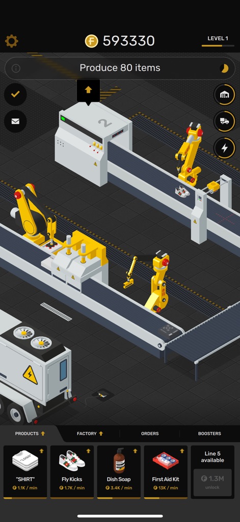 Factory: Idle & Tycoon Game - The app showcases intricate product assembly lines and efficient robotic arms, demonstrating the core mechanics of manufacturing within the game.