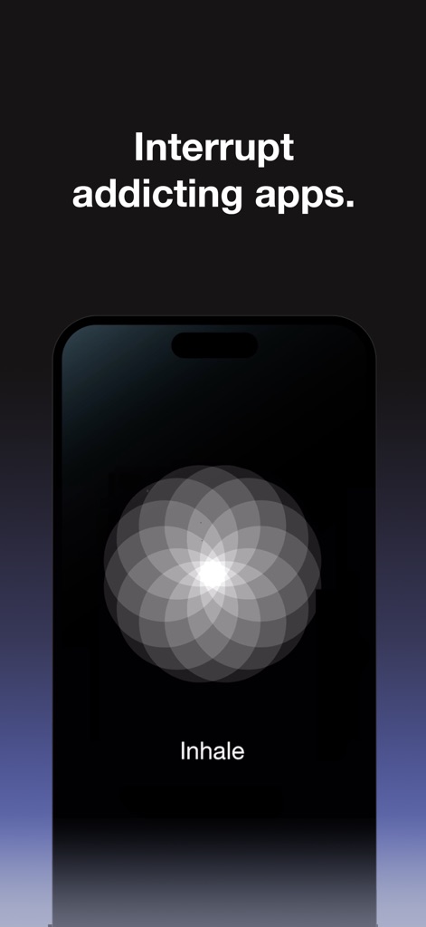 Blank Spaces Launcher - See how the app facilitates mindful breaks with a calming breathing exercise graphic and a guided "Inhale" prompt, helping users disengage from distractions.