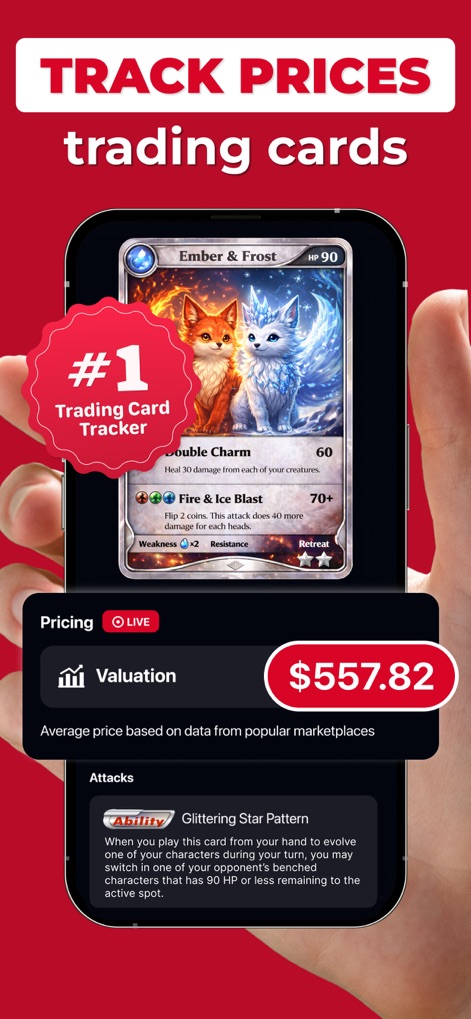MonPrice Collector & Scanner - Die App präsentiert sofort die aktuelle Bewertung einer Karte, wie die "$557.82" für "Ember & Frost", und zeigt dabei auch Details wie die "Attacks" an.