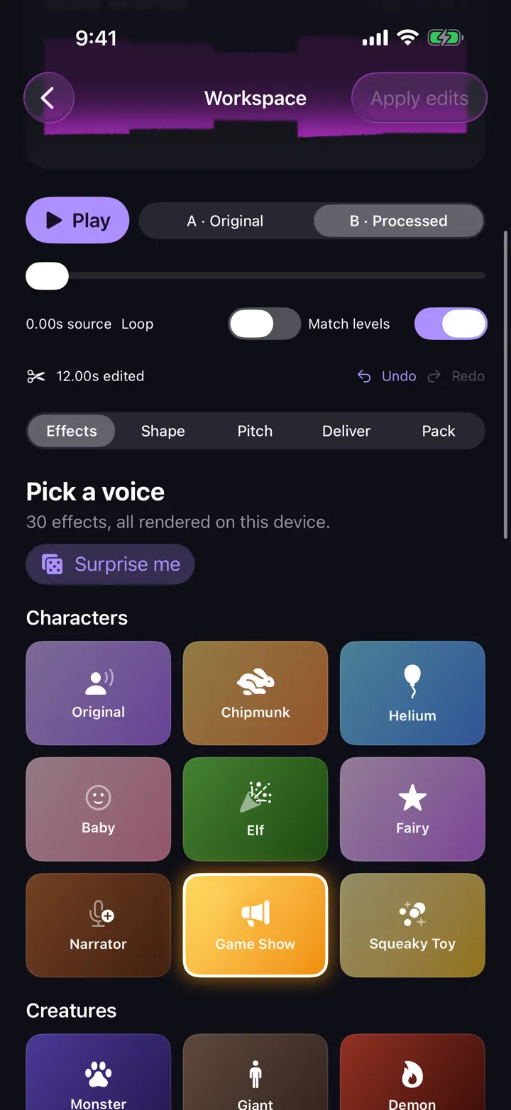 Voxbend: Voice Changer iPhone 6.7" screenshot 1: Voice changer & live effects