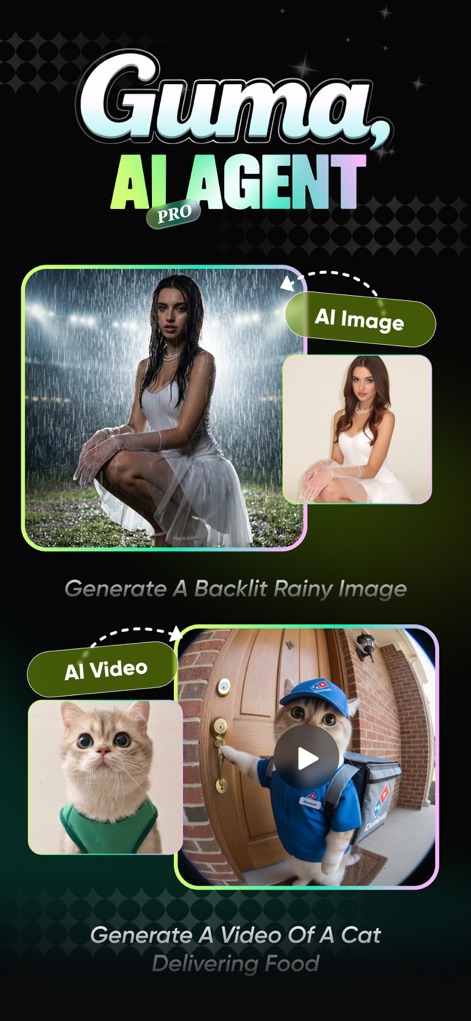 Guma-AI Photo Video Editor - Discover how the app instantly generates a "backlit rainy image" from a standard photo and crafts a dynamic "video of a cat delivering food" from a simple text prompt.