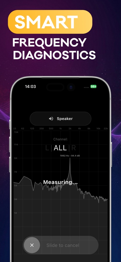 Water Eject ~ Speaker Wizard - Delve into "SMART FREQUENCY DIAGNOSTICS," revealing a precise frequency analyzer graph and the real-time "Measuring..." function.