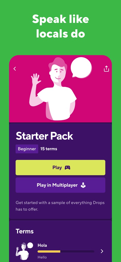 Drops: Language Learning Games - The app provides essential phrases within a structured 'Starter Pack' lesson, enhanced by friendly illustrated characters that convey context.