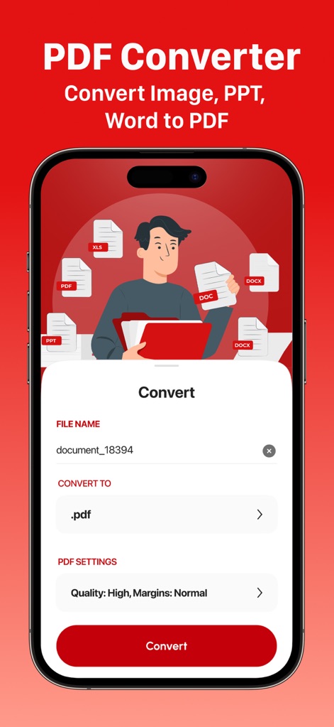 PDF Editor: Read, Scan & Sign - This screen highlights the app's capability to convert diverse file types, from "Word Document" to "Images (JPG, PNG)", into high-quality PDFs with customizable "Quality: High, Margins: Normal" settings.