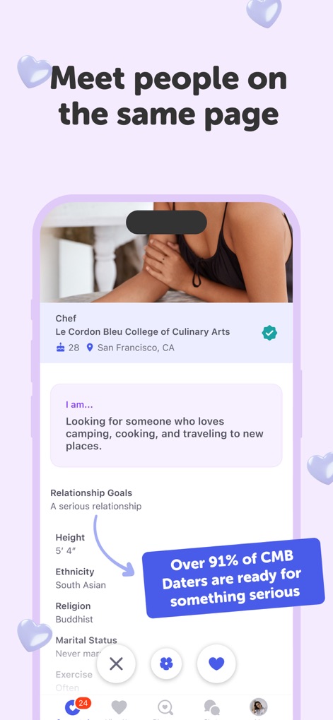 Coffee Meets Bagel: Dating App - Users can identify shared goals with detailed "Relationship Goals" displayed on profiles, reinforced by the statistic "Over 91% of CMB Daters are ready for something serious."