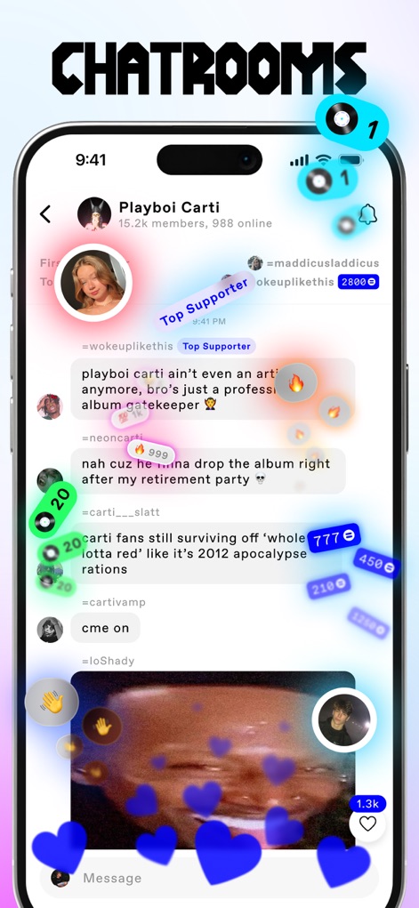EQUALS: Make Friends via Music - Users can dive into dynamic live chatrooms focused on artists like Playboi Carti, experiencing real-time discussions and interactive supporter badges.