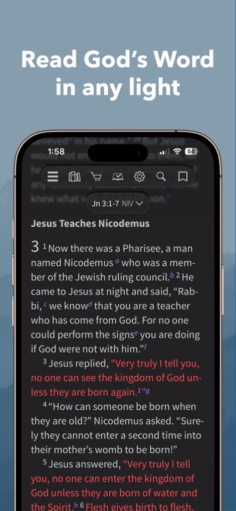 NIV Bible App + - Users can customize their reading experience with various display settings, including a comfortable dark mode for enhanced readability in any light.